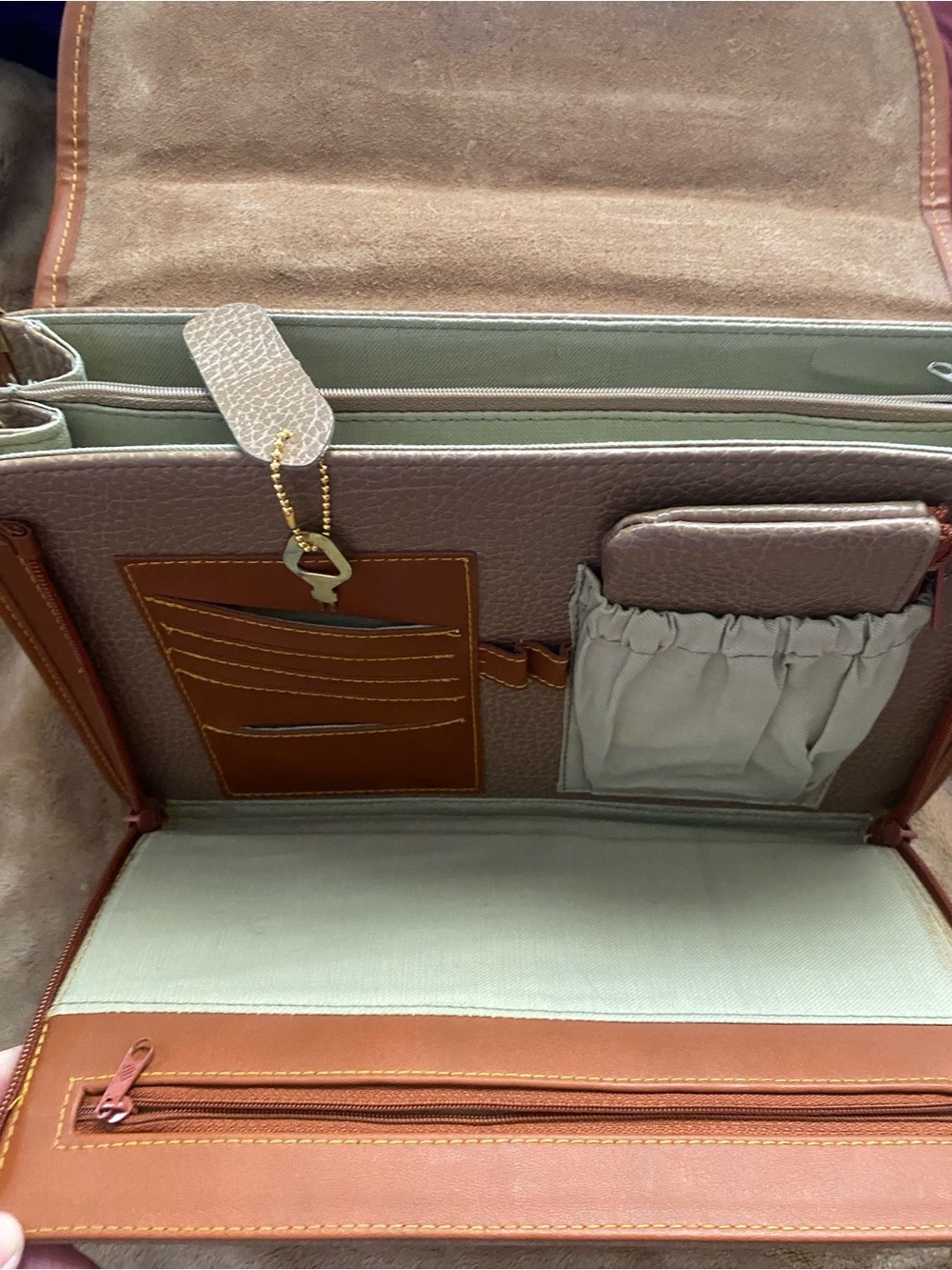 Dooney & Burke Pebbled Taupe Satchel Turn Lock with Tan Trim and Gold Hardware - Picture 12 of 16